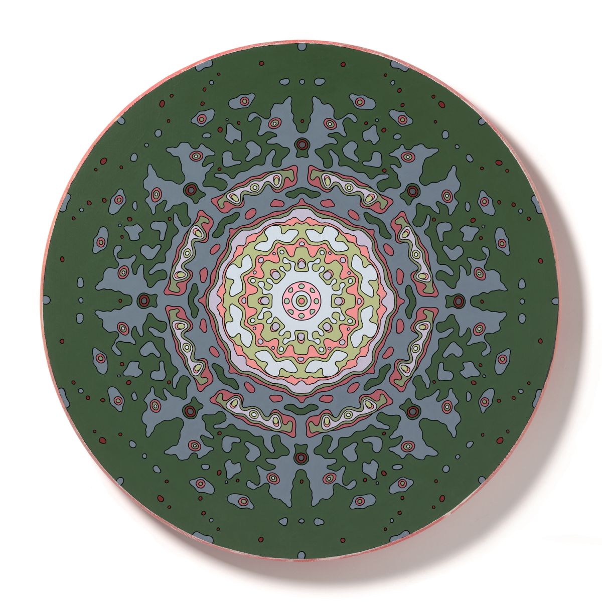 <br/>Tybo Bedrock, 2023<br/>24" diameter<br/>acrylic, opaque marker and glitter on wood